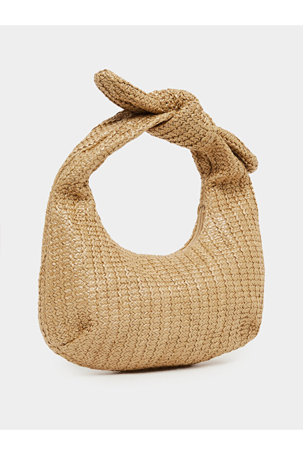 Weave Design Straw Knotted Handle Baguette Bag