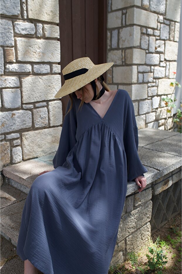Cotton Bohemian V-Neck Long Sleeve Long Dress