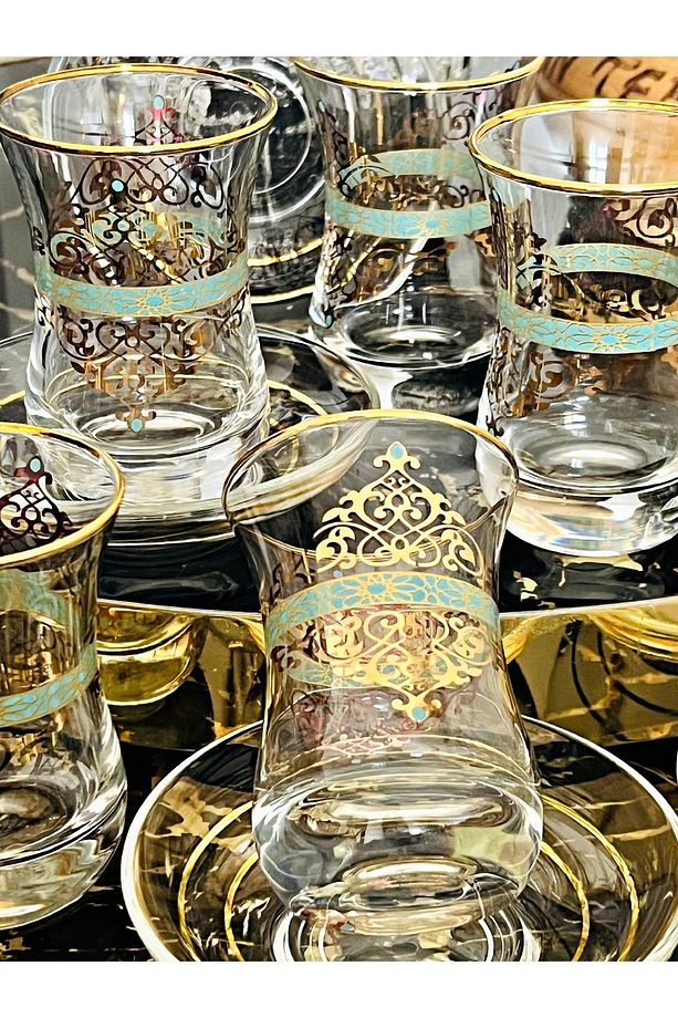 Orijinal Altın desenli yeşil model tasarım 6 kişilik Çay seti - 3