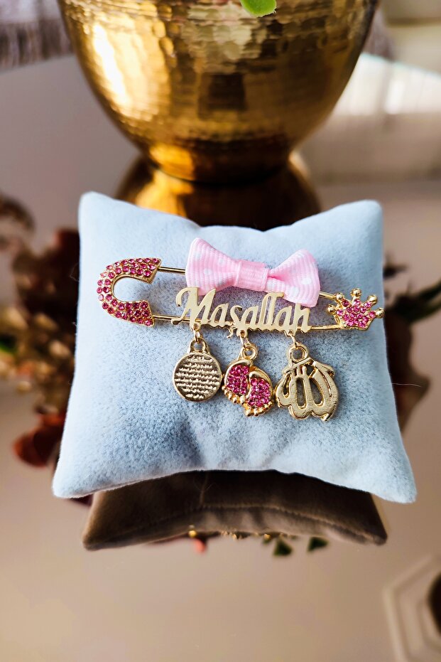 Pink Polka Dot Bow Mashallah Written Baby Lapel Pin - Tybezyi1727