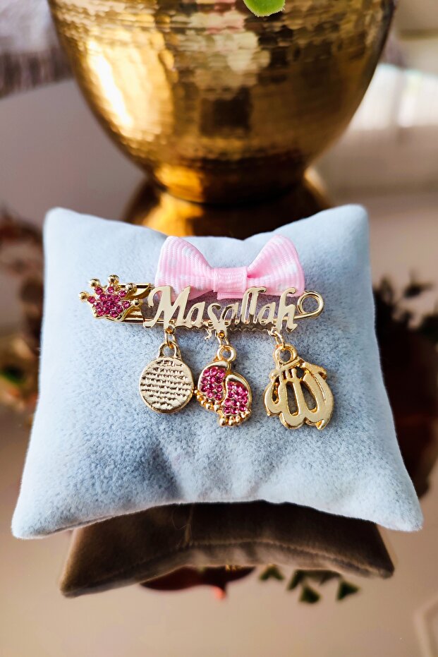 Pink Polka Dot Bow Mashallah Written Baby Lapel Pin - Tybezyi1728