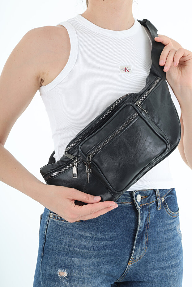 NahitaTyana Unisex Siyah Çok Cepli Hakiki Deri Freebag Bel Çantası Ve Omuz Çantası