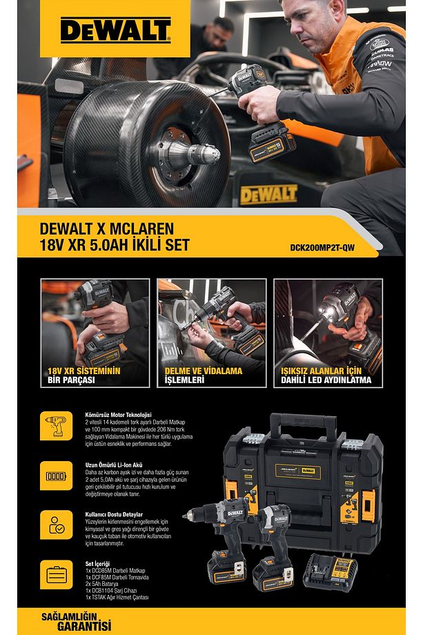 DCK200MP2T-QW X Mclaren 18V XR 5.0 Ah. 2'li Dewalt Şarjlı Vidalama Akülü Somun Sıkma Özel Seri - 4
