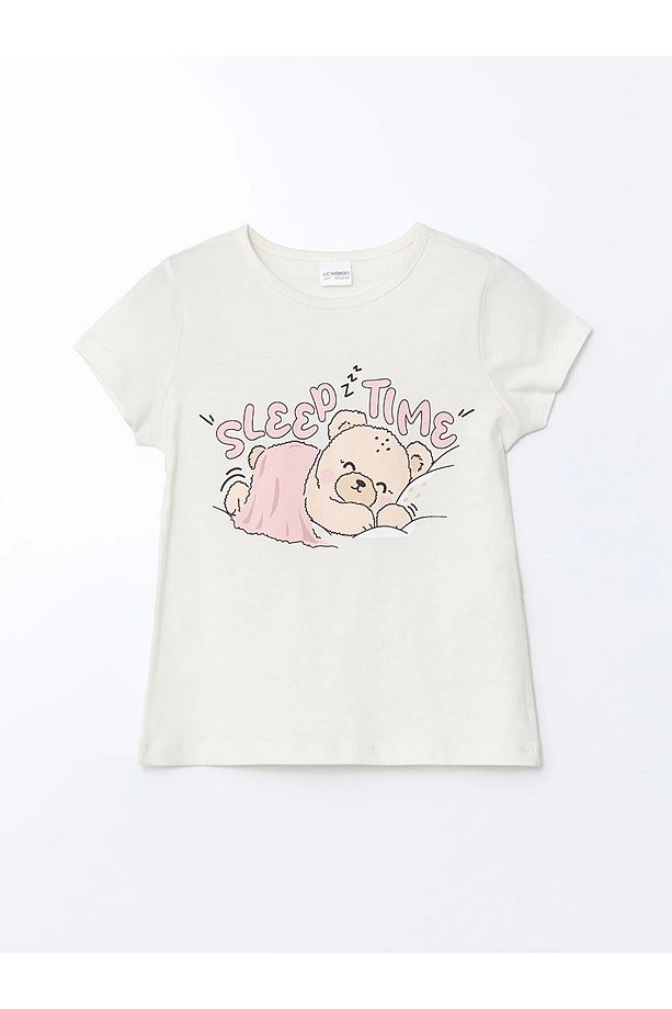 LCW Kids Ekru Baskılı Kız Çocuk Pamuklu Şortlu Pijama Takımı - 2