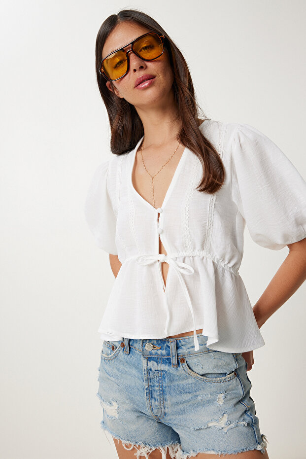 Lace Trimmed Summer Woven Blouse Ecru Lhf0028