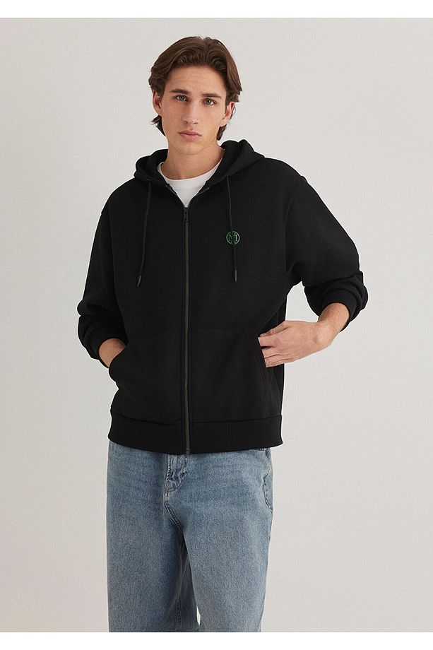Logolu Kapüşonlu Fermuarlı Siyah Sweatshirt 066979-900 - 2