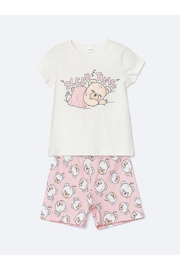 LCW Kids Ekru Baskılı Kız Çocuk Pamuklu Şortlu Pijama Takımı - 1