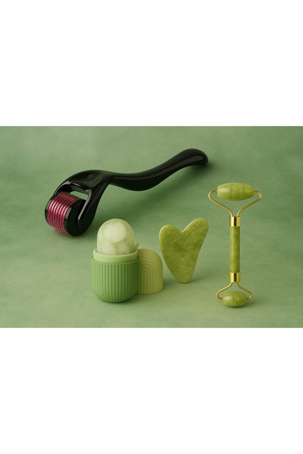 Set of 3 Derma Roller 540 Needle & Ice Cube Facial Massager, Natural Stone Heart Gua Sha Facial Care Stone