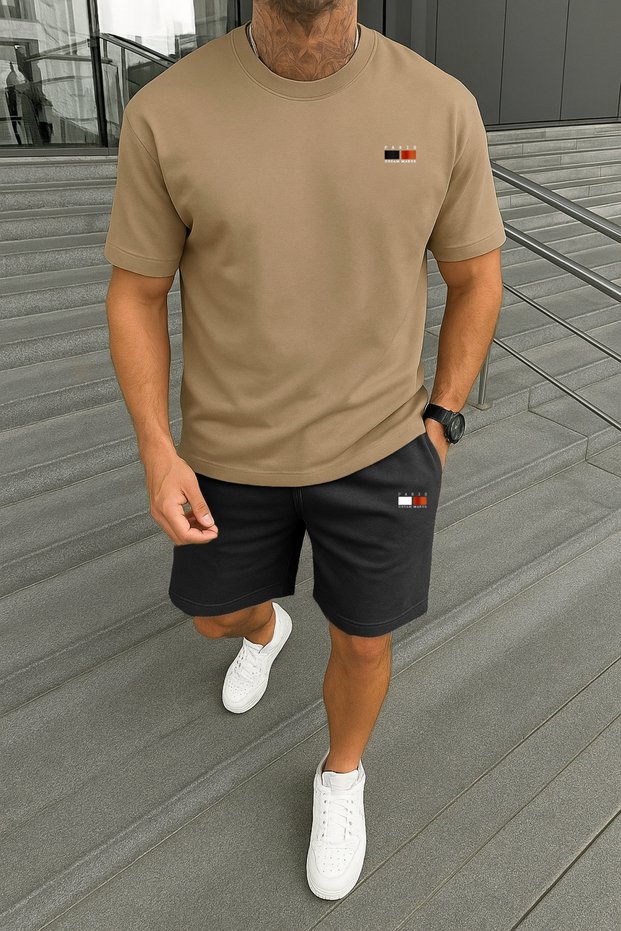 Paris Dream Maker T-Shirt Shorts - Beige with Black Shorts T-Shirt Bottom Top Team Printed Crew Neck