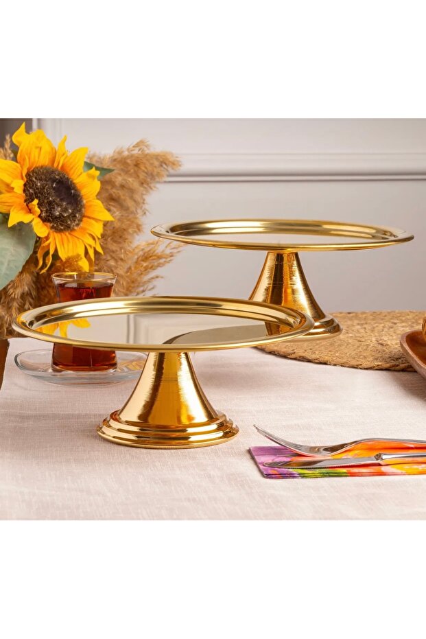 2 Pcs Gold Round Tray with Legs Steel Cake Presentation Holder Cake Stand