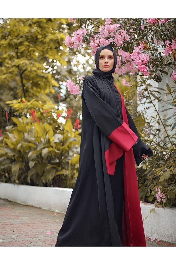 Siyah Bordo Renklerinden Ferace Abaya ( Ürün Tek Parça Olarak Satılmaktadır = Sadece Ferace) - 6
