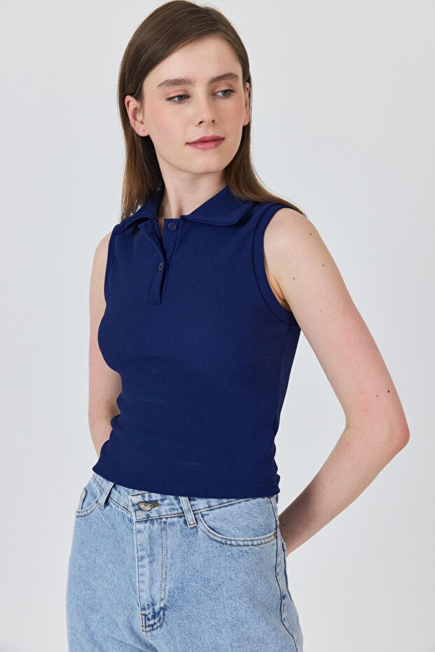 Laci Buttoned Polo Neck Zero Sleeve Knitted Blouse 2219 - 1