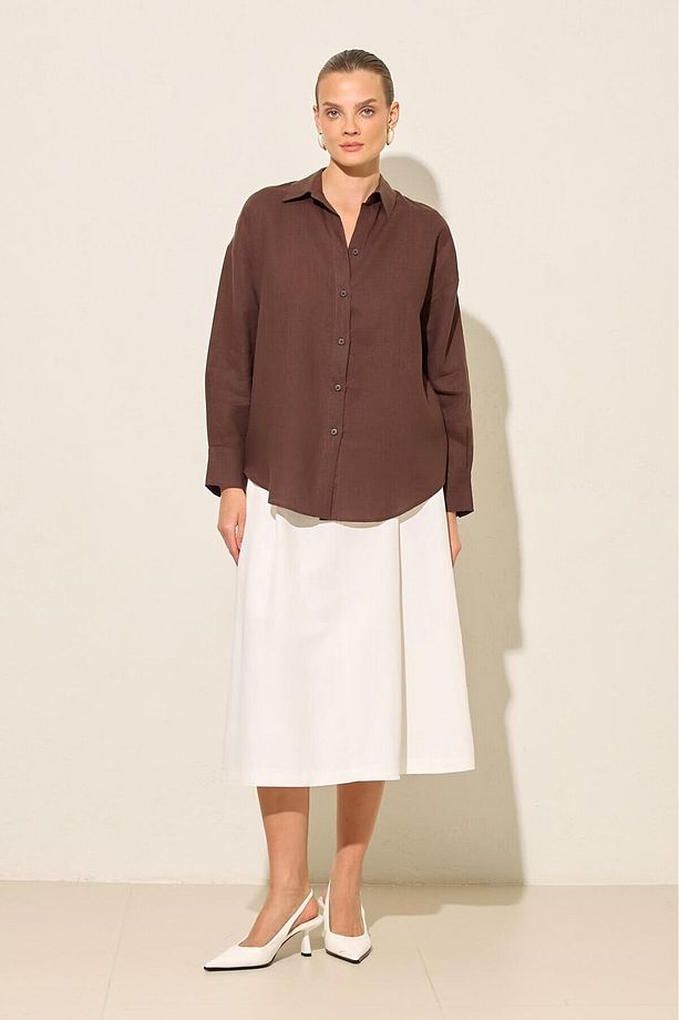 Acı-Kahve %100 Keten Uzun Kollu Oversize Gömlek - 3