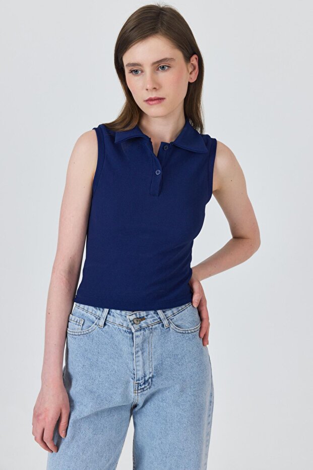 Laci Buttoned Polo Neck Zero Sleeve Knitted Blouse 2219 - 6