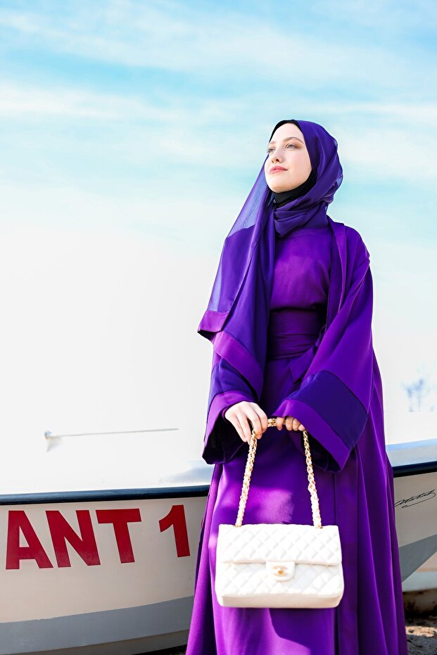 Luxury Purple Silk Crepe Ferace Set (4 Pieces)