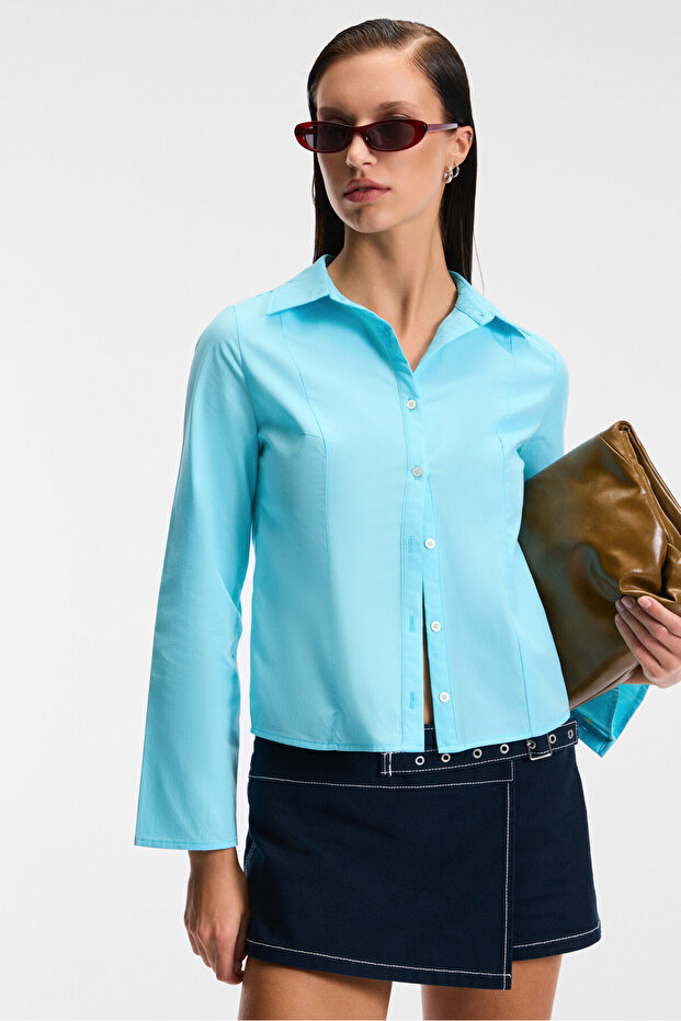 Grinne Women's Slim Shirt Collar Long Sleeve Slim Long Blue Shirt