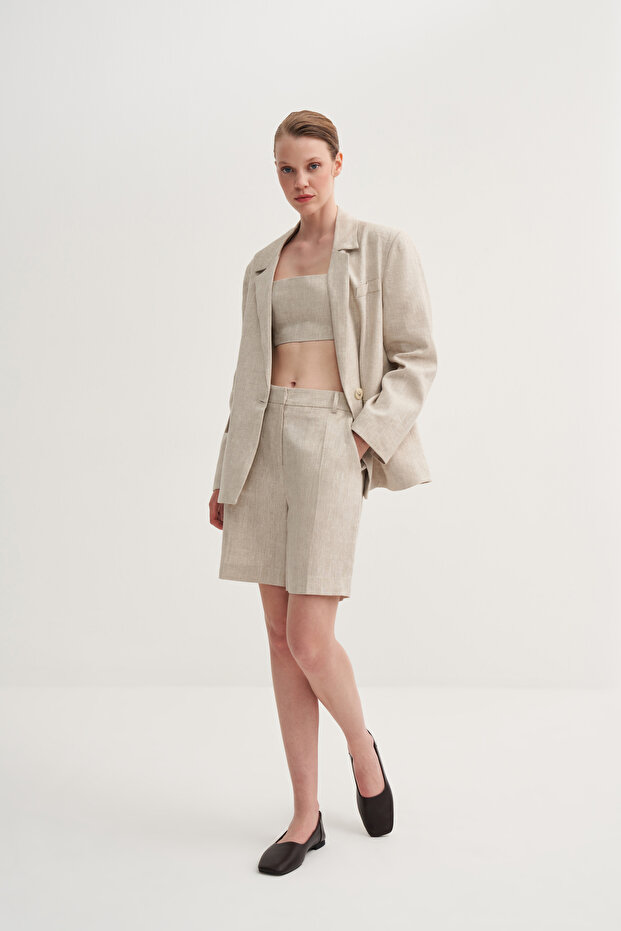 Ütü Çizgili Keten Bermuda - 6