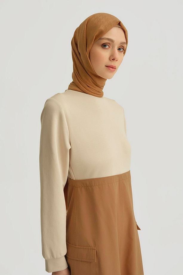 Paraşüt Kumaş Mix Örme Elbise Ortd9437 Camel - 4