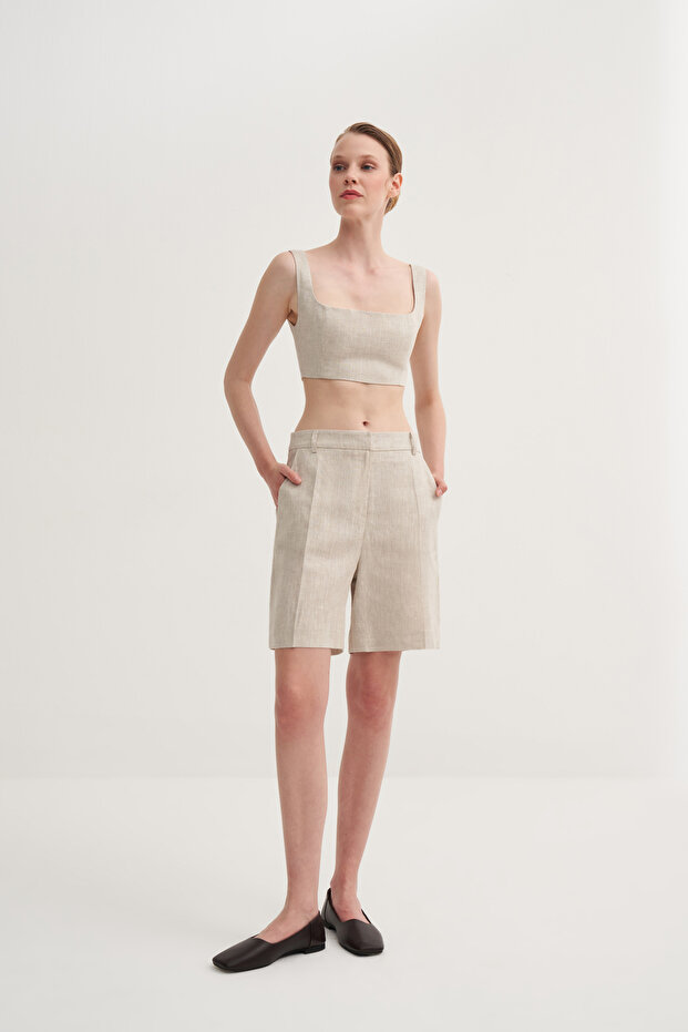 Ütü Çizgili Keten Bermuda - 4