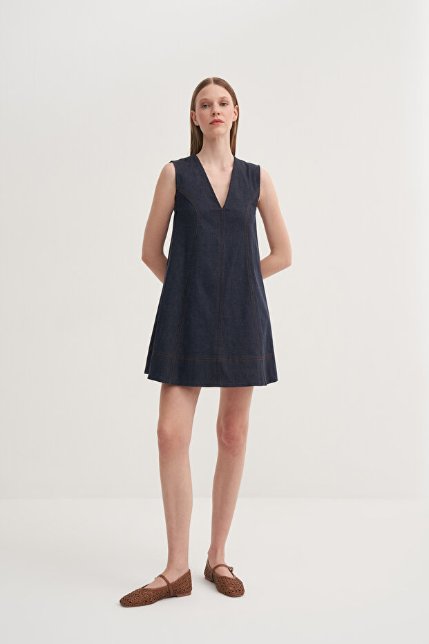 Kontrast Dikişli Denim Elbise - 1