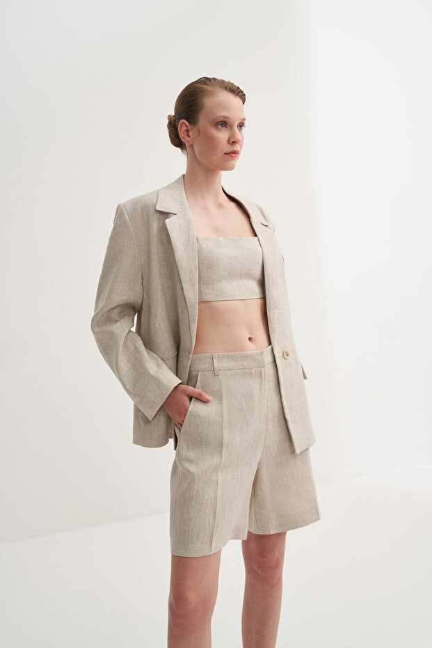 Ütü Çizgili Keten Bermuda - 1