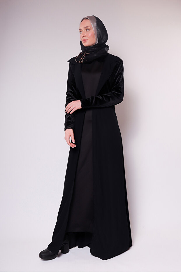 Velvet Detailed Black Long Abaya