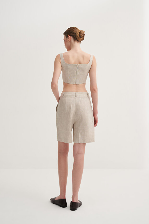 Ütü Çizgili Keten Bermuda - 5