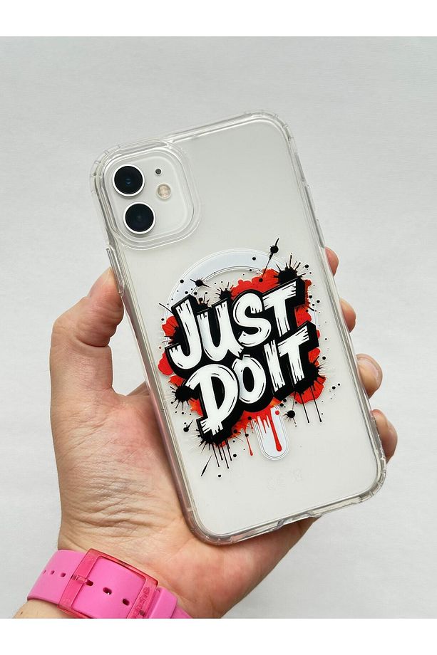Iphone 11-JUST DO IT DESENLİ Şeffaf Magsafe Wireless Kablosuz Şarj Destekli V-mags Kılıf - 1