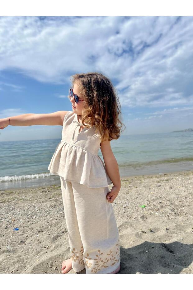 Girls' Linen Set with Embroidered Hems Natural