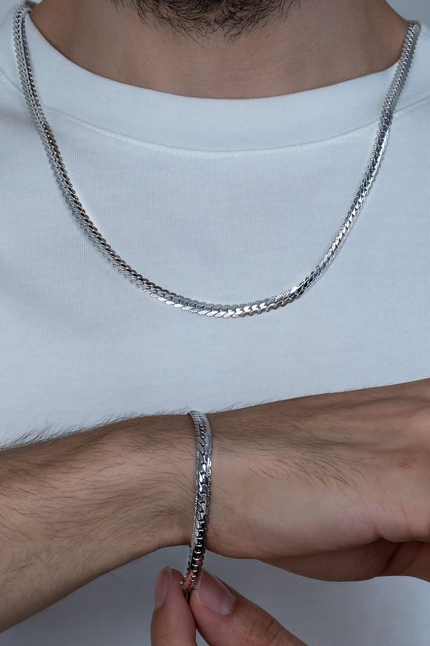 Silver Ezme Yassı Yılan Çelik Unisex Kolye Ve Bileklik Seti Eck36s - 4