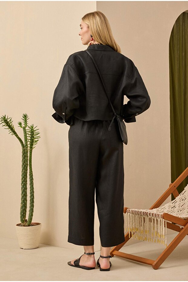 Keten Crop Gömlek Siyah - 5