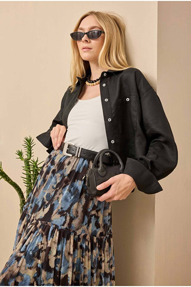 Keten Crop Gömlek Siyah - 1