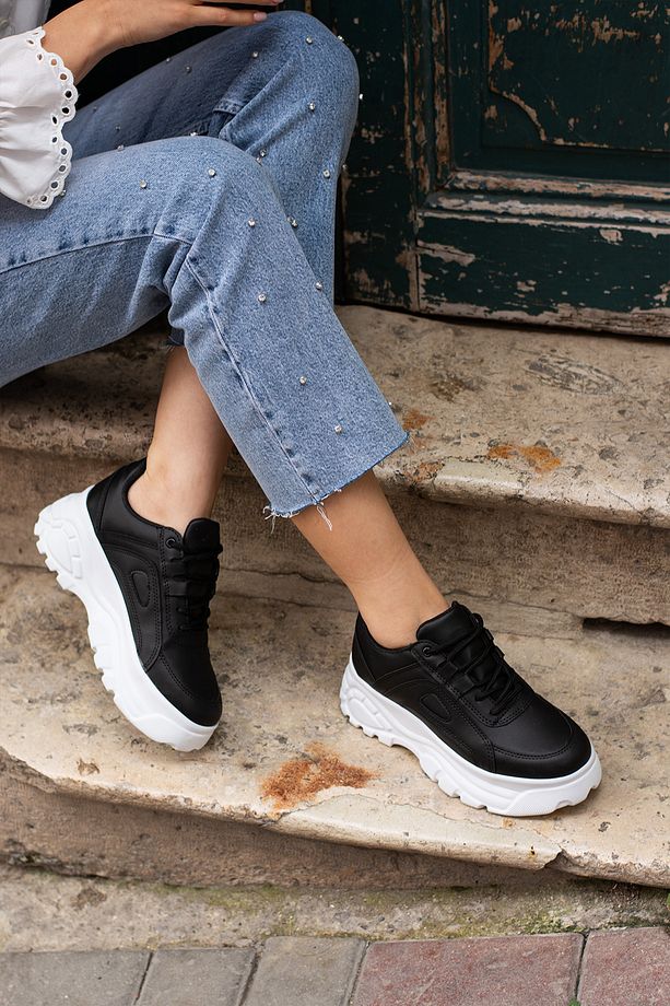 Siyah (Beyaz Taban) Günlük Kadın Spor Ayakkabı Bağcıklı Kalın Hafif Yüksek Taban Sneaker - 5