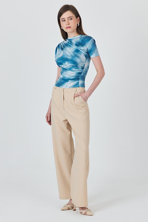 Blue Patterned Gathered Sandy Blouse 12303 - 7