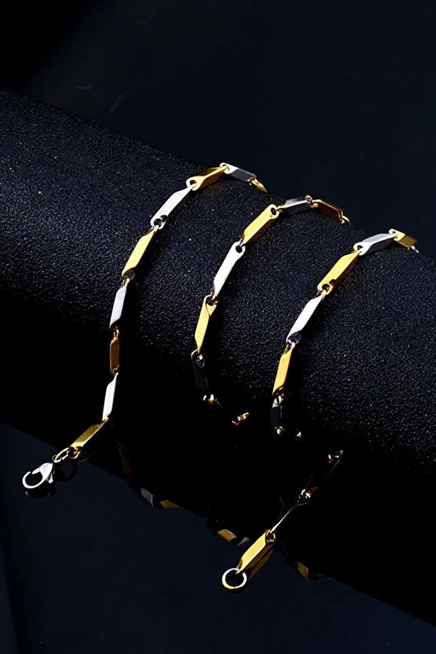 Sarı Beyaz Erkek Çelik Kolye Kare Küp Üçgen Model Zincir eck05ksrb - 6