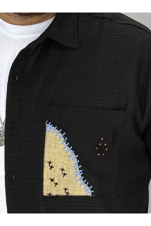 Nakış Hasır Cep Detaylı Oversize Gömlek (Siyah) - 4