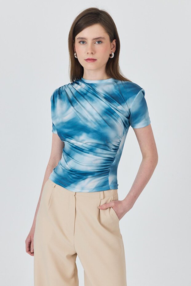 Blue Patterned Gathered Sandy Blouse 12303 - 1