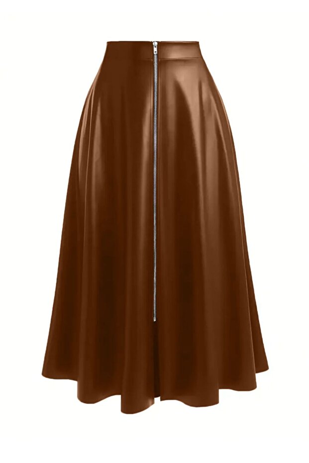 Women's Tan Faux Leather Mevlana Skirt, Long, Front Zippered, for Everyday & Evening Elegance