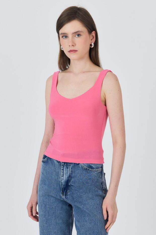 Pink Thick Strap V-Neck Blouse 13293 - 1