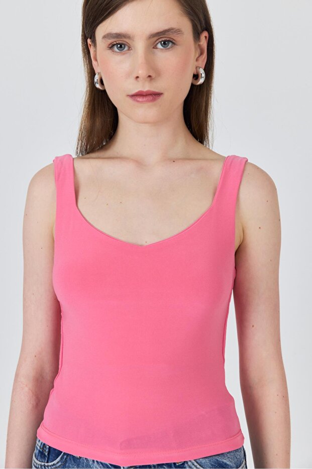 Pink Thick Strap V-Neck Blouse 13293 - 4