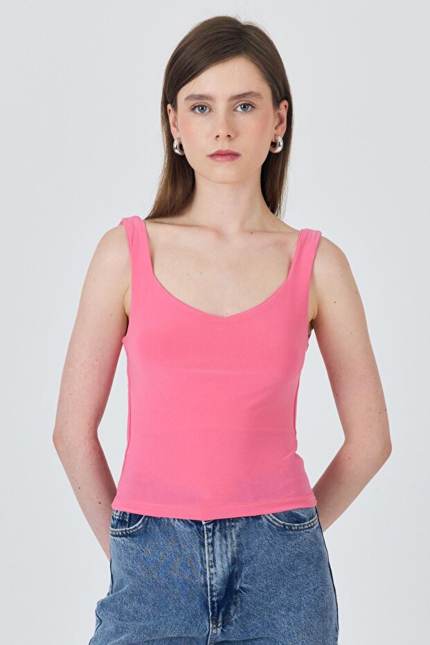 Pink Thick Strap V-Neck Blouse 13293 - 2
