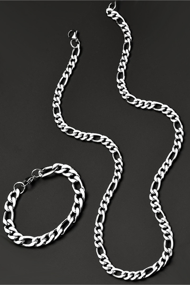 Figaro Men's Steel Necklace and Bracelet Chain Set eck19t