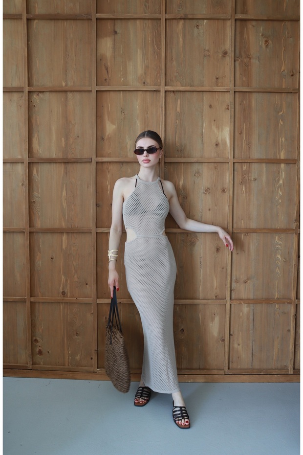 Women's Halter Neck Openwork Maxi Length Beach Dress