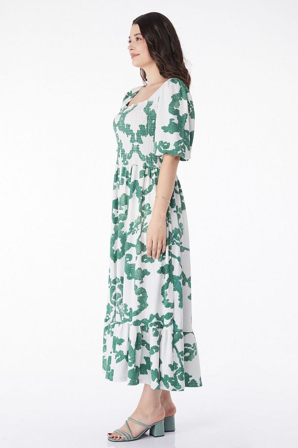 Desenli Midi Elbise Yesil - 25241 - 3