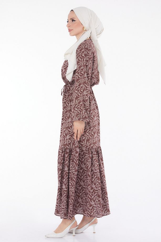 Yaprak Desenli Elbise Kahve - 25751 - 4