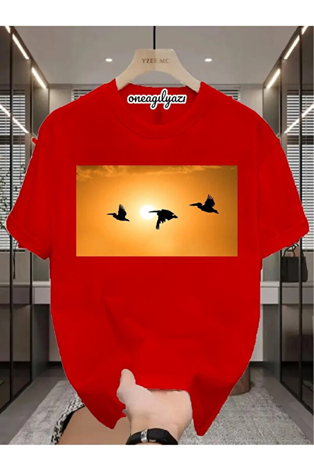 Sunset Landscape Birds Printed Oversize T-Shirt