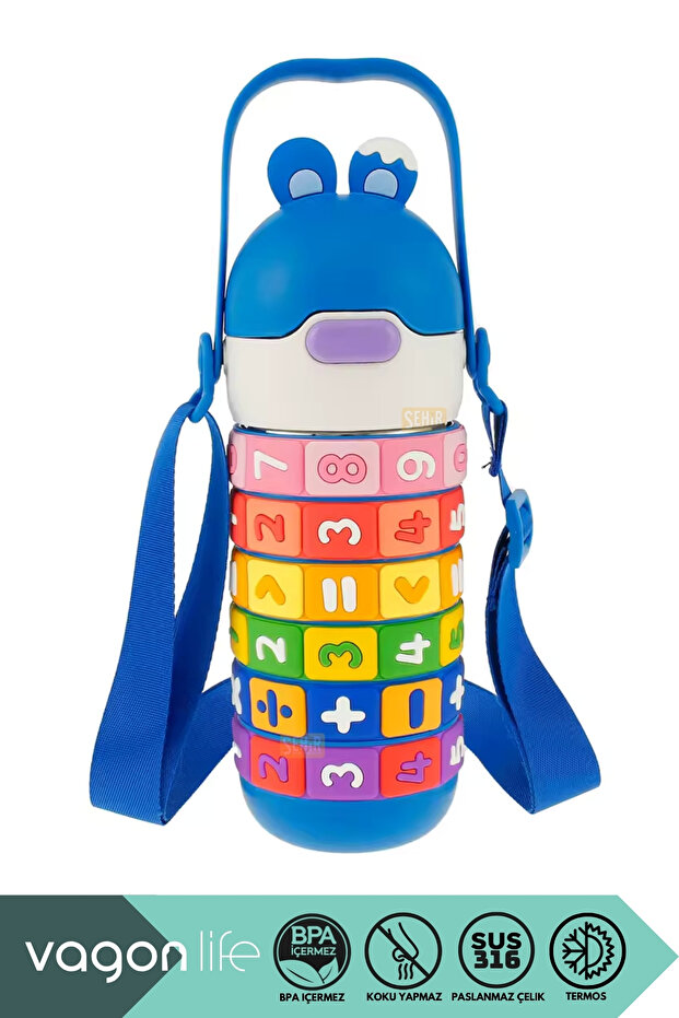 430ml Cute Eared Educational Math Flip Game Children's Steel Thermos with Straw and Strap Handle
