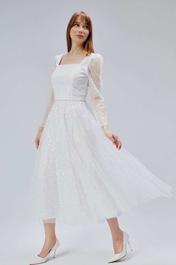 Women's Square Square Neckline Tulle Fabric with Pearl Beaded Tulle Stylish and Elegant Evening Dress