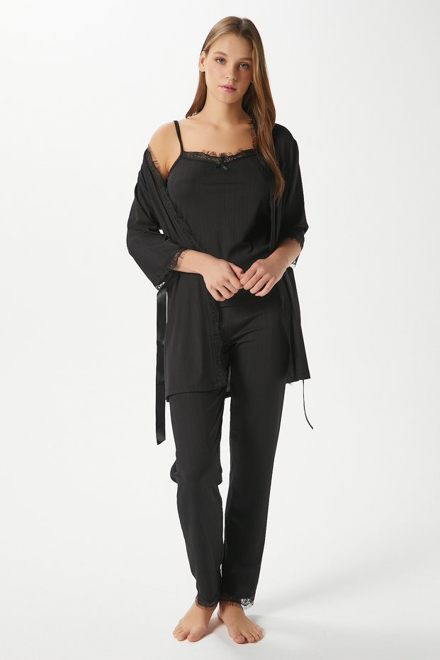 Women's Betty Black 3 Pack Dressing Gown Rope Strap Lace Ribbed Knitted Pajama Set