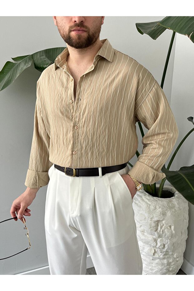 Erkek Oversize Çizgili Modal Gömlek - 1